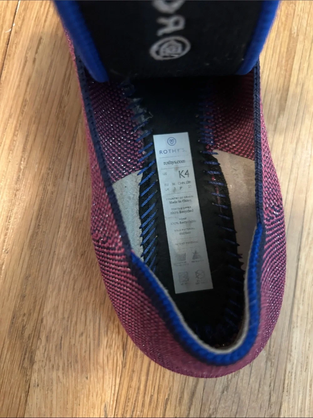 Rothy's. Kids loafer. Burgundy Flat with Blue Trim